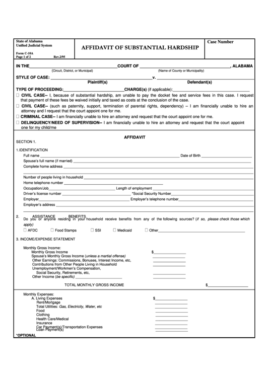 Fillable Form C-10a - Affidavit Of Substantial Hardship Form - State Of Alabama Unified Judicial System Printable pdf