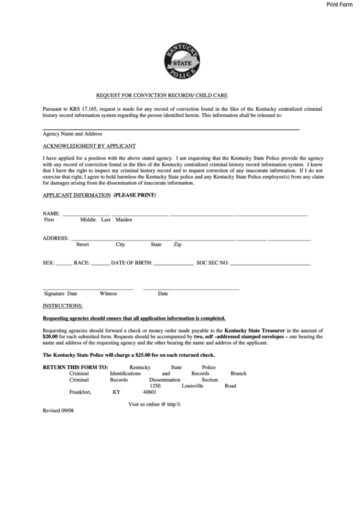 Fillable Request For Conviction Records/childe Care Form - Kentucky State Police Printable pdf