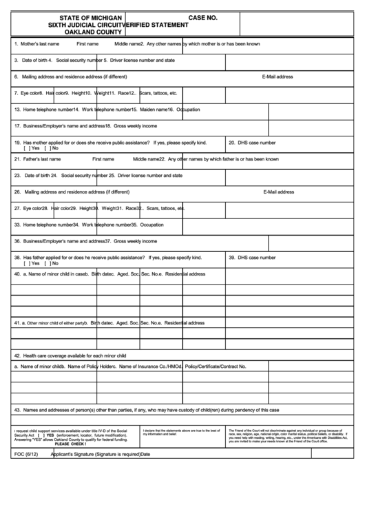 Fillable Verified Statement Form - State Of Michigan Sixth Judicial Circuit, Oakland County Printable pdf