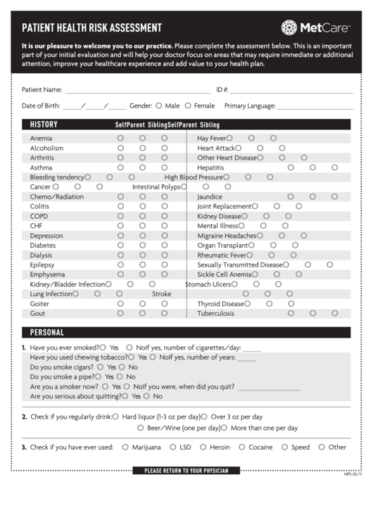 Patient Health Risk Assessment Template Printable pdf
