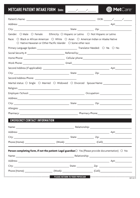 Metcare Patient Intake Form Printable pdf