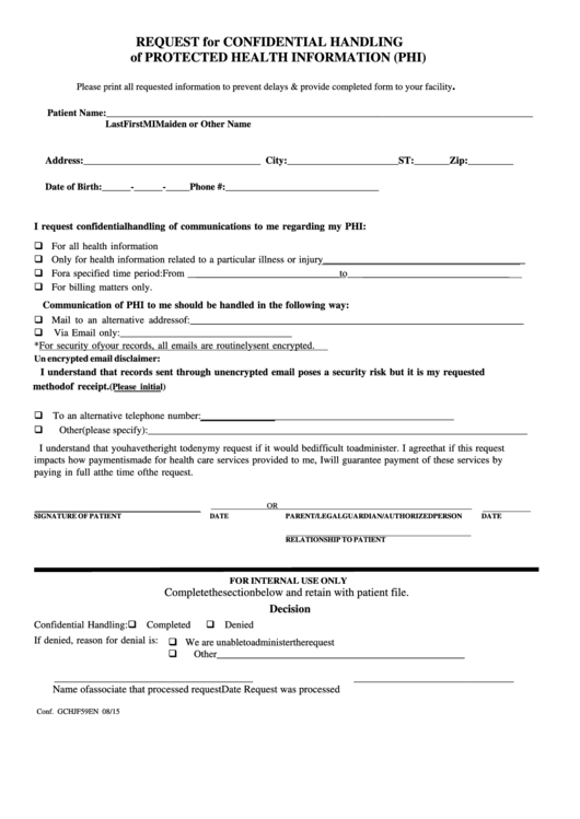 Request For Confidential Handling Of Protected Health Information (Phi) Form Printable pdf