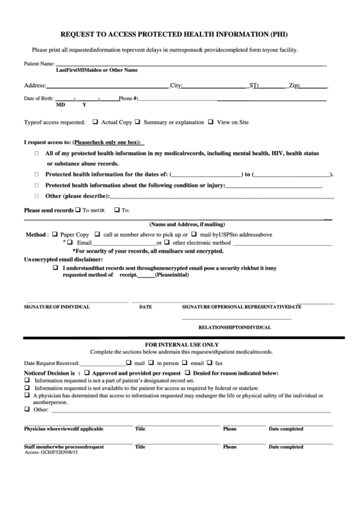 Request To Access Protected Health Information (Phi) Form Printable pdf