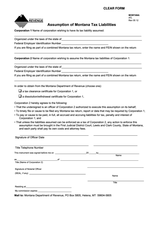 Fillable Form Atl - Assumption Of Montana Tax Liabilities Form - 2012 Printable pdf