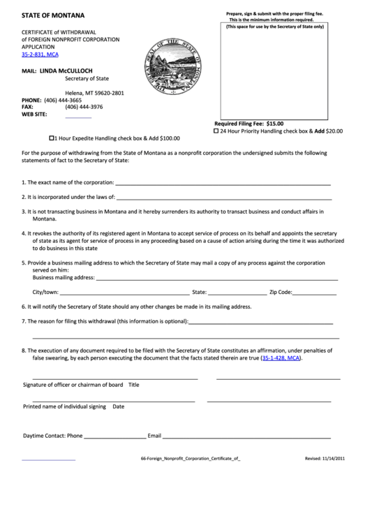 Form 35-2-831, Mca - Certificate Of Withdrawal Of Foreign Nonprofit Corporation Application - Montana Printable pdf