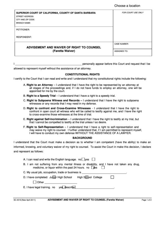 Fillable Advisement And Waiver Of Right To Counsel (Faretta Waiver) Form - Superior Court Of California, County Of Santa Barbara Printable pdf