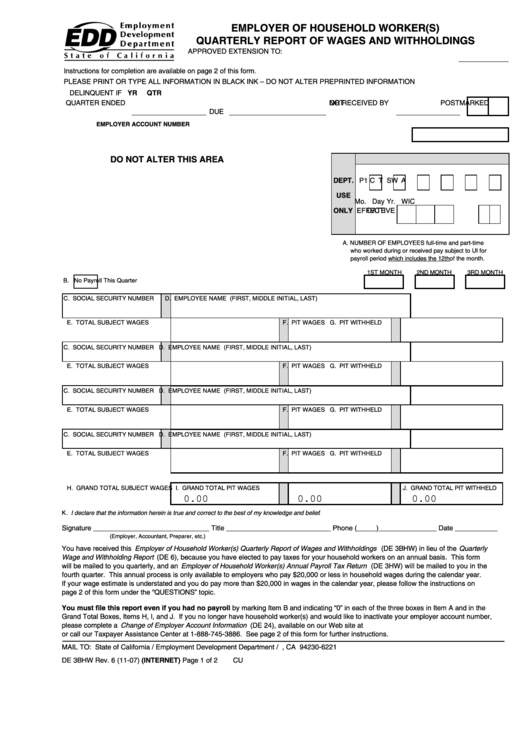 Fillable Form De 3bhw - Employer Of Household Worker(S) Quarterly Report Of Wages And Withholdings Printable pdf