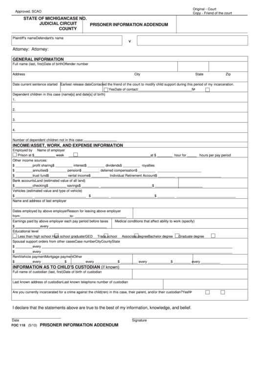 Fillable Prisoner Information Addendum Form - State Of Michigan Judicial Circuit Printable pdf