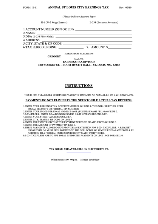 Fillable Form E-11 - Annual St Louis City Earnings Tax Printable pdf