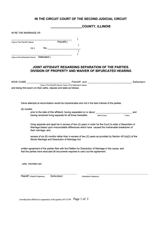 Fillable Joint Affidavit Regarding Separation Of The Parties. Division Of Property And Waiver Of Bifurcated Hearing Form Printable pdf