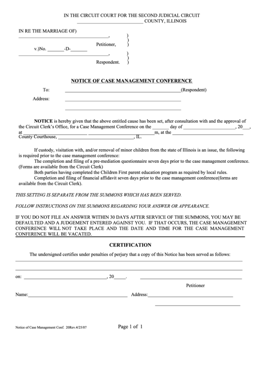 Fillable Notice Of Case Management Conference Form Printable pdf