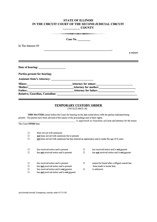 Fillable Temporary Custody Order Form Printable pdf