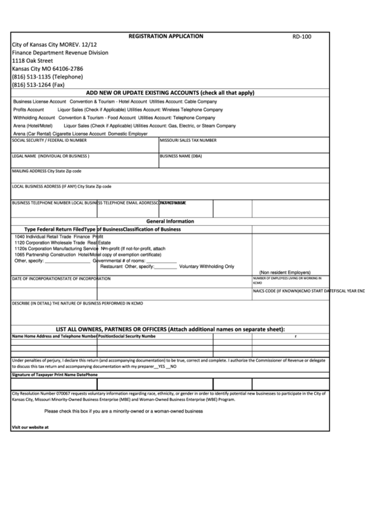 Fillable Form Rd-100 - Registration Application Printable pdf