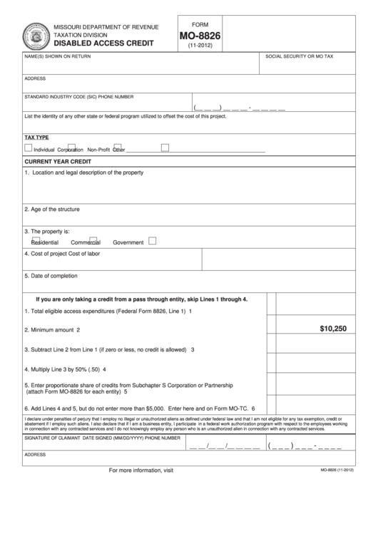 Fillable Form Mo-8826 - Disabled Access Credit - 2012 Printable pdf