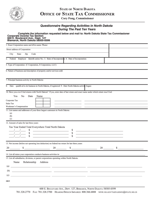 Fillable Questionnaire Regarding Activities Form - Office Of State Tax Commissioner Printable pdf