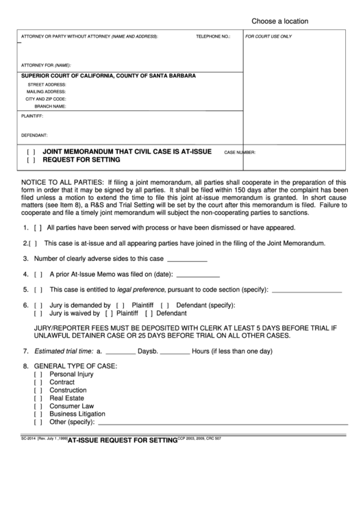 Fillable Joint Memorandum That Civil Case Is At-Issue Form Printable pdf
