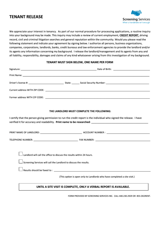Tenant Release Form Printable pdf