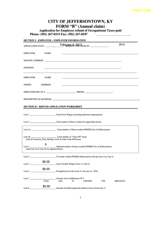 Fillable Form B - Annual Claim - Application For Employee Refund Of Occupational Taxes Paid Printable pdf