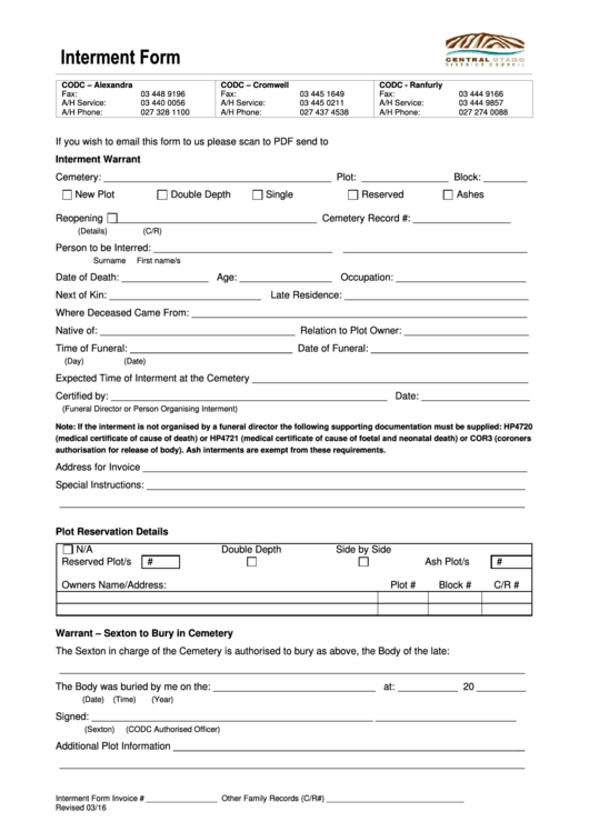Fillable Interment Form Printable pdf