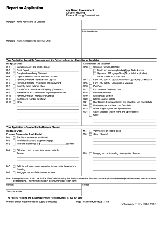 Fillable Form Hud-92026 Report On Application Printable pdf