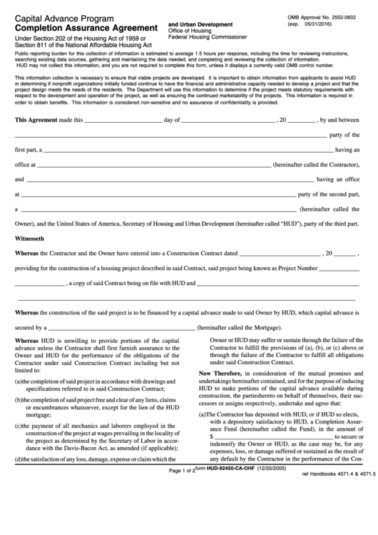 Fillable Form Hud-92450-Ca-Ohf Capital Advance Program Completion Assurance Agreement Printable pdf