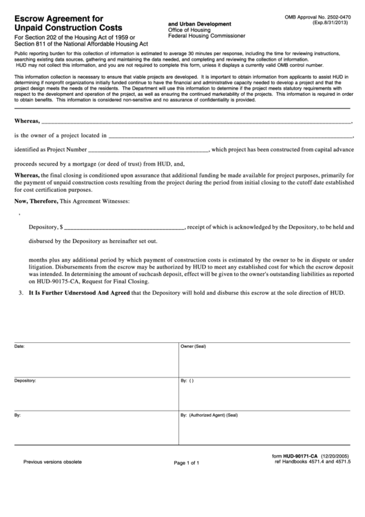 Form Hud-90171-Ca Escrow Agreement For Unpaid Construction Costs For Section 202 Of The Housing Act Of 1959 Or Section 811 Of The National Affordable Housing Act (Cs) Printable pdf