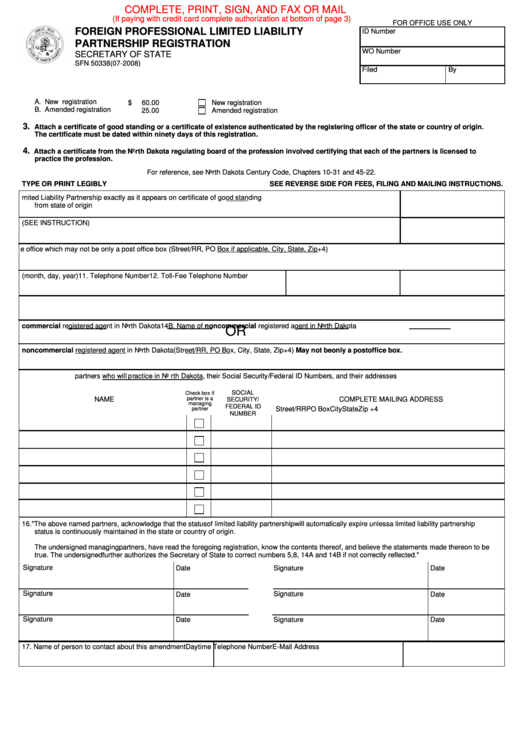 Fillable Form Sfn 50338 - Foreign Professional Limited Liability Partnership Registration Printable pdf