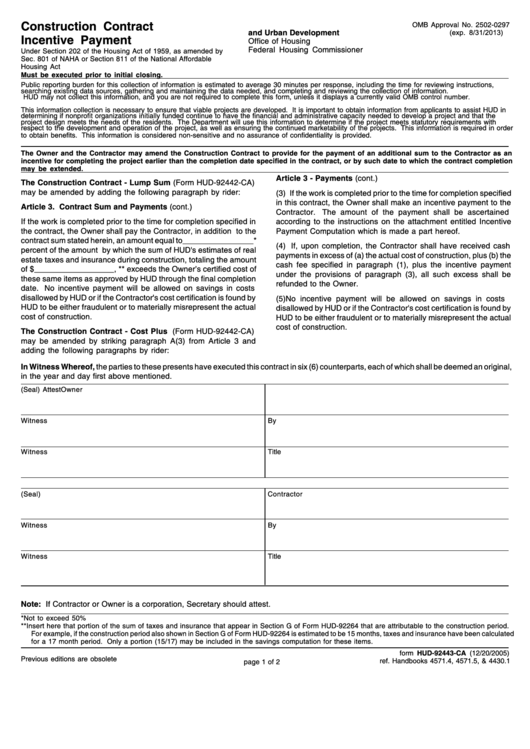 Form Hud-92443-Ca Construction Contract Incentive Payment (Housing) Printable pdf