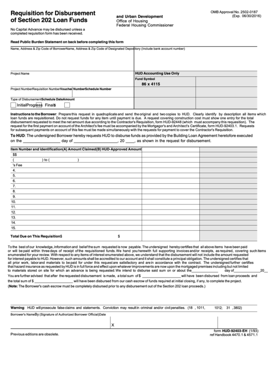 Fillable Form Hud-92403-Eh Requisition For Disbursementof Section 202 Loan Funds Printable pdf