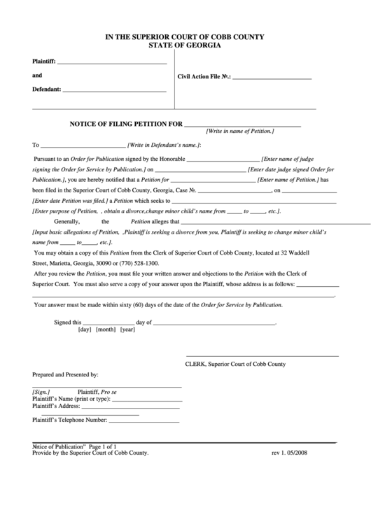 Notice Of Publication Form - Superior Court Of Cobb County Printable pdf