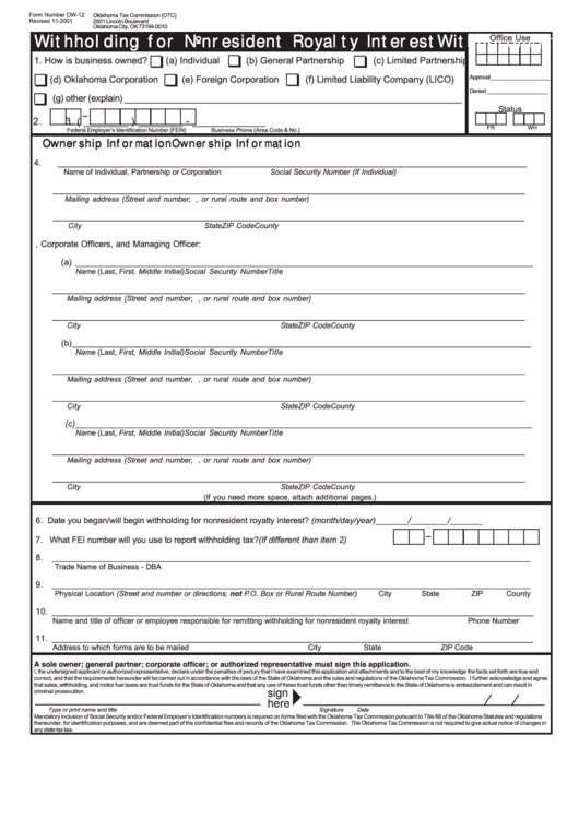 Form Ow-12 - Withholding For Nonresident Royalty Interest Printable pdf