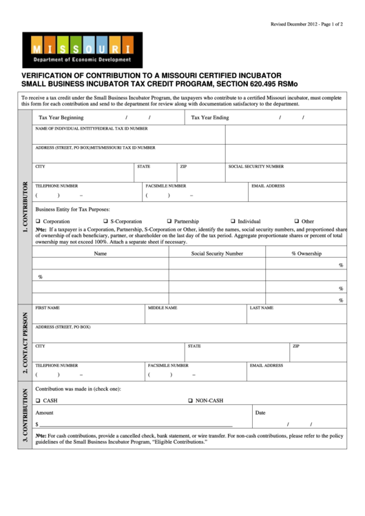Fillable Verification Of Contribution To A Missouri Certified Incubator Small Business Incubator Tax Credit Program Form Printable pdf