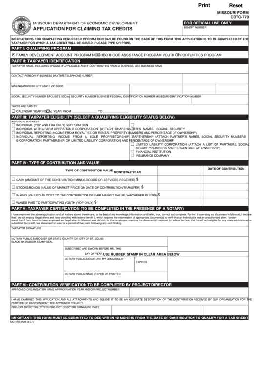 Fillable Form Cdtc-770 - Application For Claiming Tax Credits Printable pdf