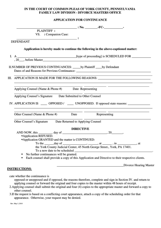 Fillable Application For Continuance Form - Court Of Common Pleas Of York County Printable pdf