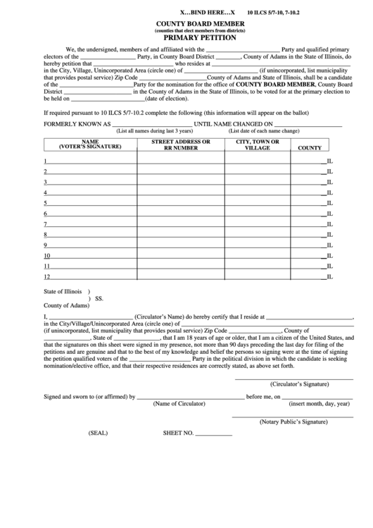 County Board Member Primary Petition - Illinois, Printable pdf