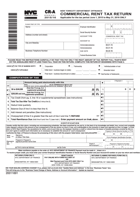 Form Cr-A - Commercial Rent Tax Return - 2015/16 Printable pdf