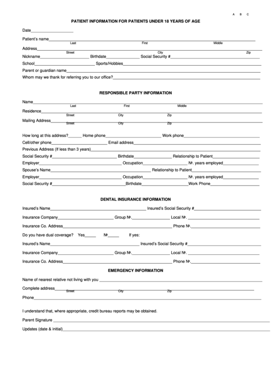 Patient Information Form For Patients Under 18 Years Of Age Form Printable pdf