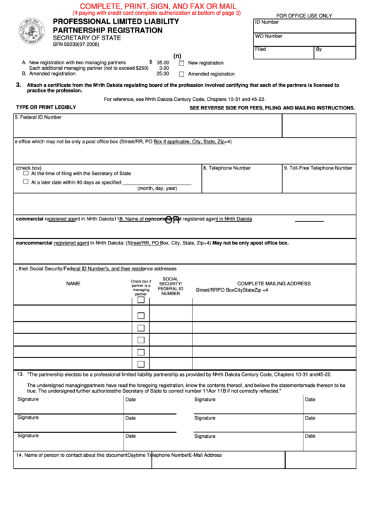 Fillable Form Sfn 50239 - Professional Limited Liability Partnership Registration Printable pdf