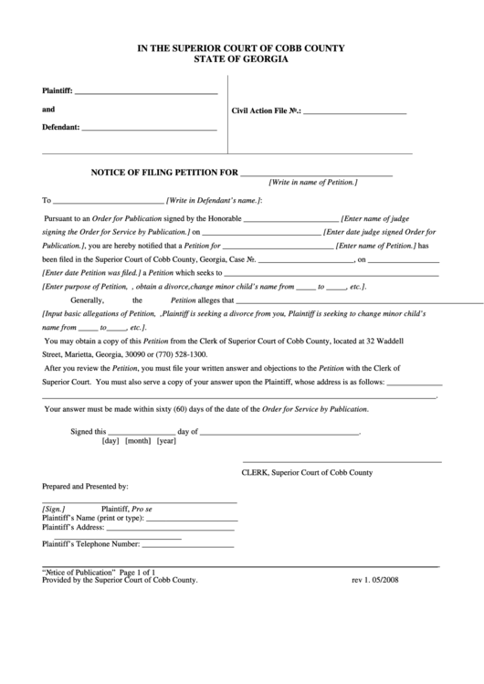 Notice Of Publication Form - Superior Court Of Cobb County