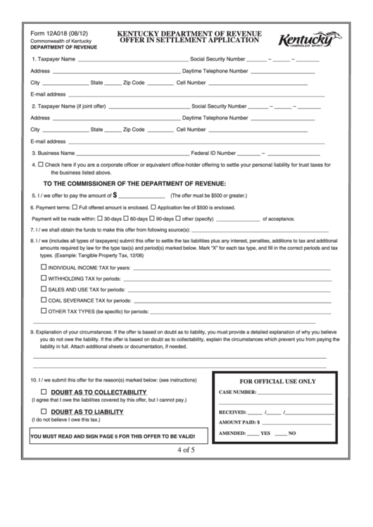 Form 12a018 - Kentucky Department Of Revenue Offer In Settlement Application Printable pdf