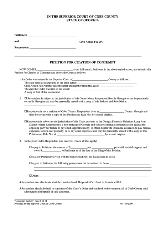 Fillable Petition For Citation Of Contempt Form - Superior Court Of Cobb County Printable pdf