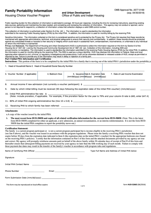 Fillable Form Hud-52665 Family Portability Information Housing Choice Voucher Program Printable pdf
