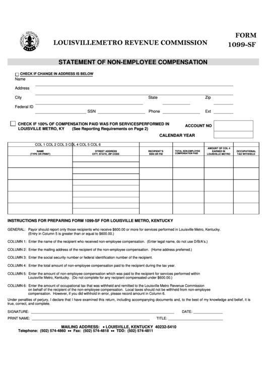 Form 1099-Sf - Statement Of Non-Employee Compensation - Louisville Metro Revenue Commission Printable pdf