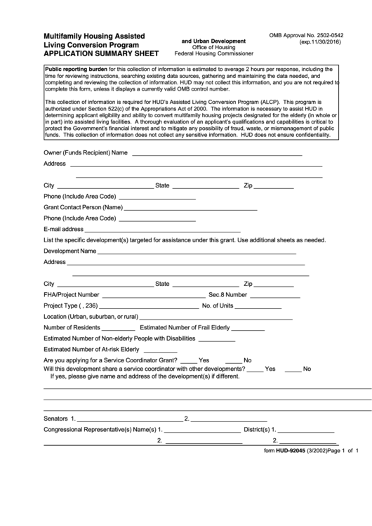 Fillable Form Hud-92045 Multifamily Housing Assisted Living Conversion Program Application Summary Sheet Printable pdf