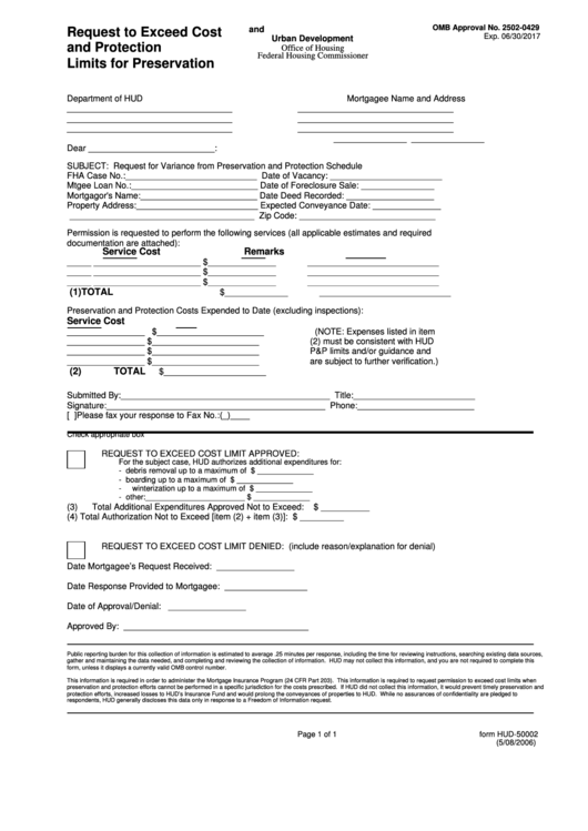 Fillable Form Hud-50002 Request To Exceed Costand Protectionlimits For Preservation Printable pdf
