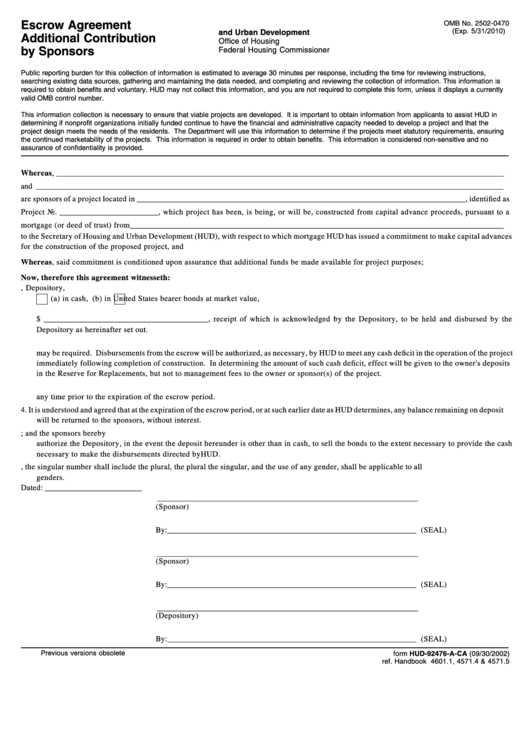 Fillable Form Hud92476ACa Escrow Agreementadditional Contributionby
