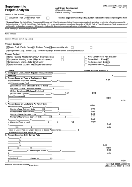 Fillable Form Hud-92264-A Supplement To Project Analysis Printable pdf