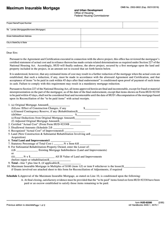 Fillable Form Hud-92580-Ohf Maximum Insurable Mortgage Printable pdf