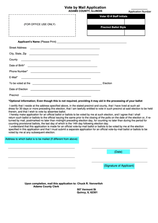 Application To Vote By Mail Form - Adams County, Illinois Printable pdf