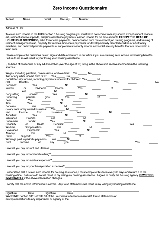 Zero Income Questionnaire Form Printable pdf
